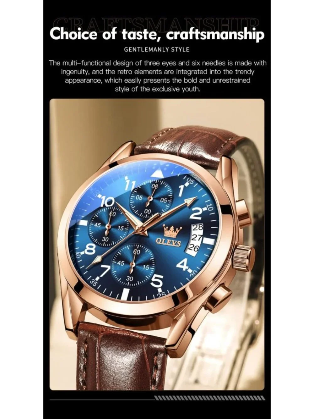 Stylish Brown Leather Men's Watch, Large Face Chronograph, Waterproof Analog